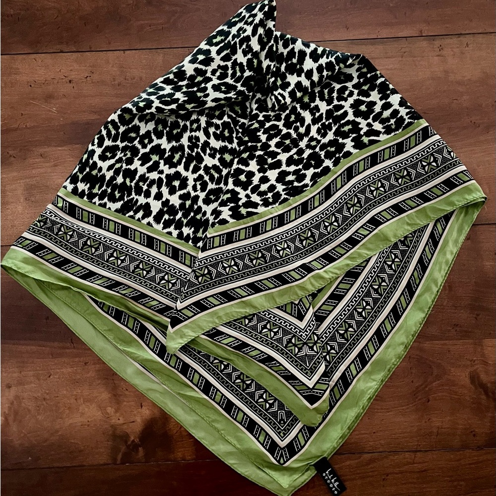 Nicole Miller Cheetah Print Silk Scarf, Lime Green, Black, White, 33.5”x33.5” - Picture 5 of 6